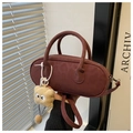 Retro burgundy faux suede baguette bag with cute plush eyes charm for women - Burgundy Red With Charm