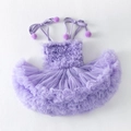 Detail of purple tulle layers and cute pompom shoulder straps on kids tutu dress - XS (90cm) / Dresses / Taro Purple
