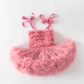 Detailed close-up of pink layered mesh tutu dress with cute plush pom-pom shoulder straps - XS (90cm) / Dresses / Watermelon red