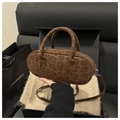 Brown leopard print suede handbag with circular handles and a detachable shoulder strap - Brown Without Pendant
