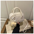 Minimalist beige baguette crossbody bag with plush charm and smooth PU leather finish - White (With Pendant)