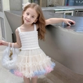 Girls white tutu dress with rainbow tiered mesh skirt and ruffled shoulder straps - 120cm / Dream Rainbow Color
