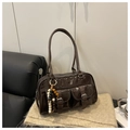 Dark brown patent leather shoulder bag with vintage front pockets and beaded charm - Coffee