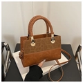 Detail of leopard print handbag with woven handle and gold-tone metal hardware accents - Leopard Brown