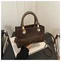 Dark brown retro crossbody bag featuring suede patchwork and woven handle detail - Coffee