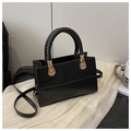 Chic black small square handbag with woven round handle and golden metal buckles - Black
