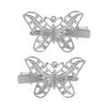 Pair of vintage hollow silver butterfly hair clips with intricate metal engraving - Silver