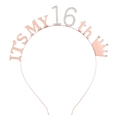 Detail of rose gold 16th birthday crown headband with sparkling rhinestones decoration - 16 Years Old Rose Gold White Rhinestone
