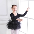 Elegant black long-sleeve ballet leotard for girls with fluffy multi-layered tutu skirt - Black Long Sleeve / S-100cm