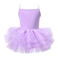 Girls lavender ballet tutu dress with golden star sequins and tiered mesh skirt - S-100cm / Top And Bottom / Purple Strap Top