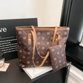 Brown printed tote bag set with clover pattern and small matching pouch - Brown