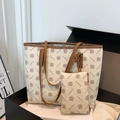 Large cream tote bag set with brown monogram clover print and matching small pouch - White