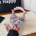 Borsa a tracolla a quadretti rosa e grigi con fiocchi in pelle e pizzo - Quadri Rosa