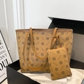 Brown tote bag and pouch set with diamond clover pattern for stylish daily use - Brown