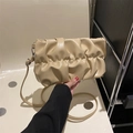 Minimalist beige pleated cloud shoulder bag with sleek leather finish and thin strap - Khaki