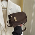 Deep brown litchi pattern leather shoulder bag with vintage gold metal buckle - Brown