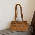 Vintage caramel suede shoulder bag with dual straps and silver buckle detailing - Brown