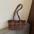 Retro brown suede shoulder bag with vintage silver buckle and long twin handles - Brown
