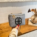 Grey shimmer box bag with large B logo and gold chain strap for women's crossbody style - Blue