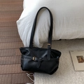 Retro black faux leather tote bag with gold metal buckle and long shoulder straps - Black