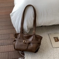 Retro coffee brown PU leather tote bag with buckle strap detail for winter fashion - Brown