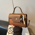 Dark brown patchwork shoulder bag with retro gold clasp and colorful wooden beads - With Pendant / Brown
