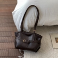 Minimalist vintage dark brown leather tote bag with elegant gold buckle hardware - Brown
