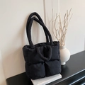 Minimalist black puffer tote bag with quilted nylon fabric and double handle design - Black