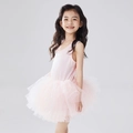Detail view of the layered pink tulle tutu skirt on a girls ballet leotard dress - Sleeveless - Top And Bottom / Nude Pink / S-100cm