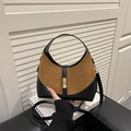Borsa hobo vintage in pelle scamosciata marrone e pelle nera con chiusura dorata - Marrone