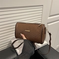 Borsa a cilindro marrone intrecciata in pelle PU con logo FASHION dorato - Tessuto marrone