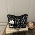 Women's chic black tote bag with white star pattern and fluffy cloud charm - With Cloud Pendant / Black