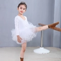 Elegant white long-sleeve girls' ballet tutu dress with fluffy layered mesh skirt - Top And Bottom / White Long Sleeve / L-120cm