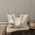 Chic white pleated tote bag for women with leather handles and cloud charm detail - With Cloud Pendant / White