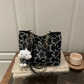 Black tote bag with white star patterns, golden chain handle and cloud charm accessory - With Pendant / Black