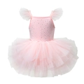 Close-up of pink ballet leotard with shimmering rhinestones and layered mesh tutu skirt - Nude Pink / 130cm