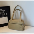 Detail shot of khaki nylon shoulder bag with side pleats and smooth zipper pocket - Khaki