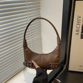 Brown half-moon underarm bag in matte leather featuring silver metallic buckle accents - Brown