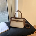 Sac bandoulière rétro en similicuir marron et toile beige avec boucle argentée - Marron