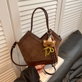 Brown suede patchwork bucket bag with quilted patterns and cute bear charm pendant - With Pendant / Brown