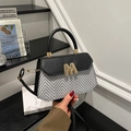 Chic woven crossbody bag with chevron pattern and gold letter M buckle in monochrome - Black