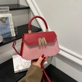 Red leather and knit herringbone crossbody bag with golden M metal logo detail - Red