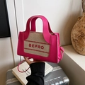Hot pink contrast crossbody tote bag with beige woven panel and letter print - Pink