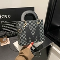 Retro grey leather mini tote bag with letter M monogram pattern and top handle - Black