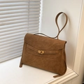 Borsa tote in camoscio marrone con chiusura girevole dorata e tracolla da lavoro - Marrone