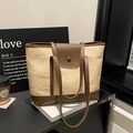 Retro canvas tote bag in beige and dark brown leather trim with shoulder strap - Off White