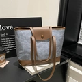 Minimalist grey-blue felt tote bag with brown faux leather handles and magnetic flap - Brown & Blue