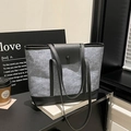 Chic grey felt and black leather tote bag with long straps for stylish commuting - Black with Blue