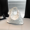 White hobo shoulder bag with brown heart and bow patterns on corduroy texture - With Pendant / White