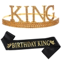 Set corona dorata KING e fascia in raso nero Birthday King per feste di compleanno - Corona in Cristallo Giallo + Fascia Nera